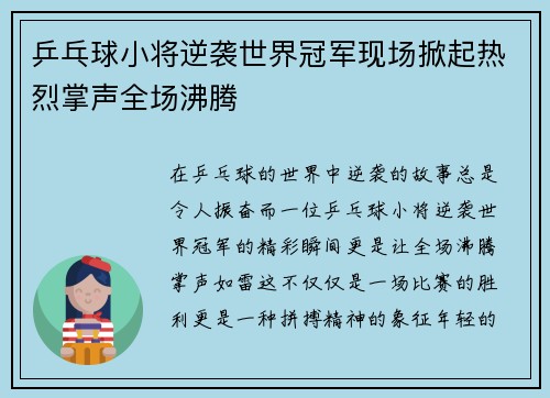 乒乓球小将逆袭世界冠军现场掀起热烈掌声全场沸腾